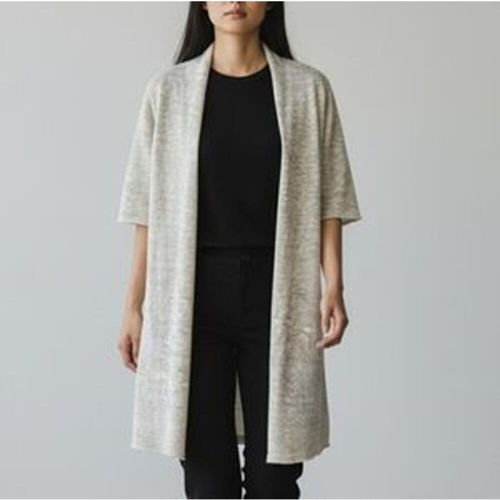 Eileen Fisher Linen Open Front Cardigan Sweater Size Medium Short Sleeve Grey